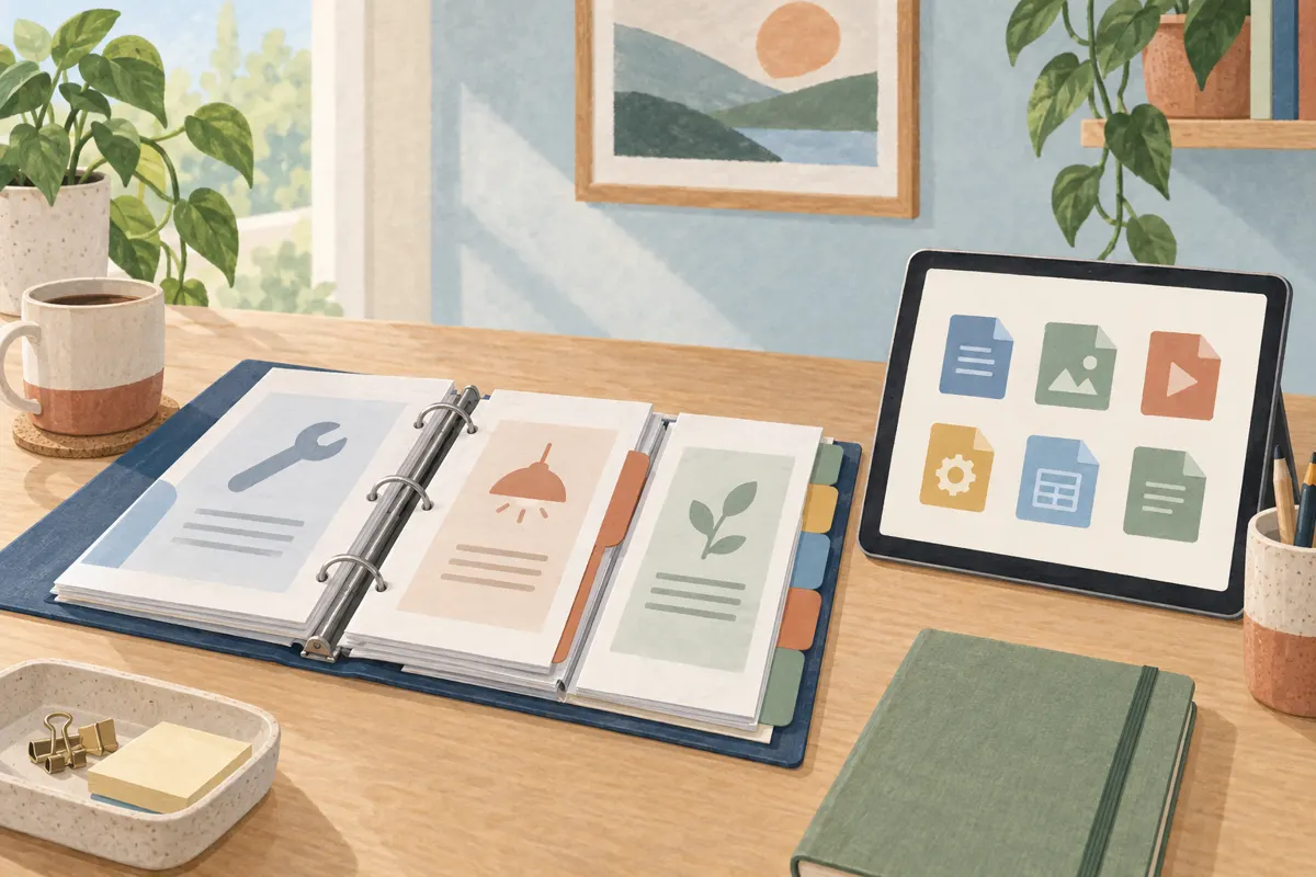 Ilustracja segregatora z instrukcjami obsługi i tabletu z uporządkowanymi dokumentami.